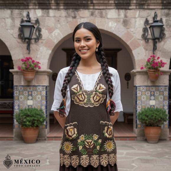 Brown Mexican Embroidered Apron – Premium Cotton Blend Apron with Beige Floral - Picture 3 of 9